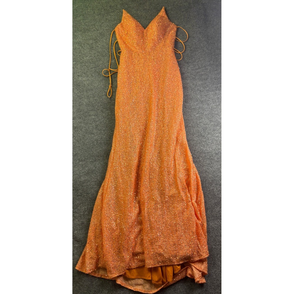 Alyce Paris Orange Glitter Spaghetti-Strap Prom Dress